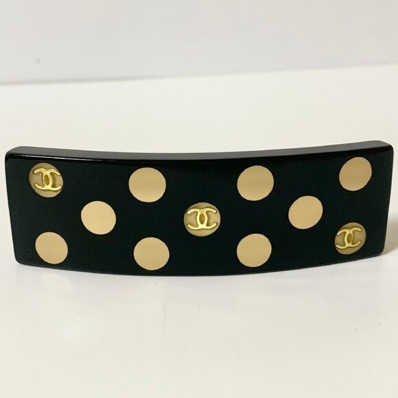 CHANEL CC Logos Black Dots Hair Clip Hairpin Barrette Gold Tone w/Box #1371 - Picture 1 of 4